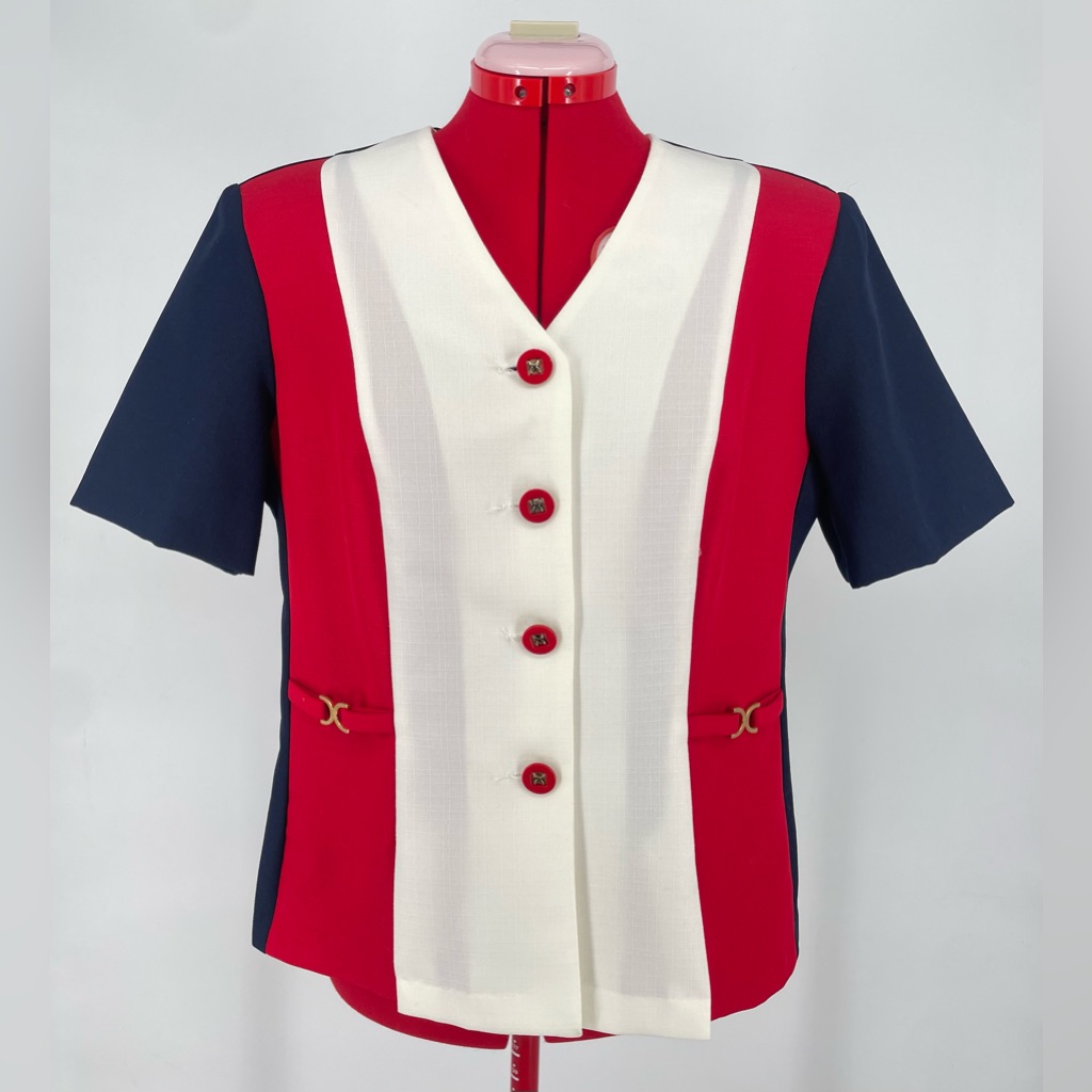 1980s Tr Bentley Colorblock Blouse Red, Navy & White With Gold Accents